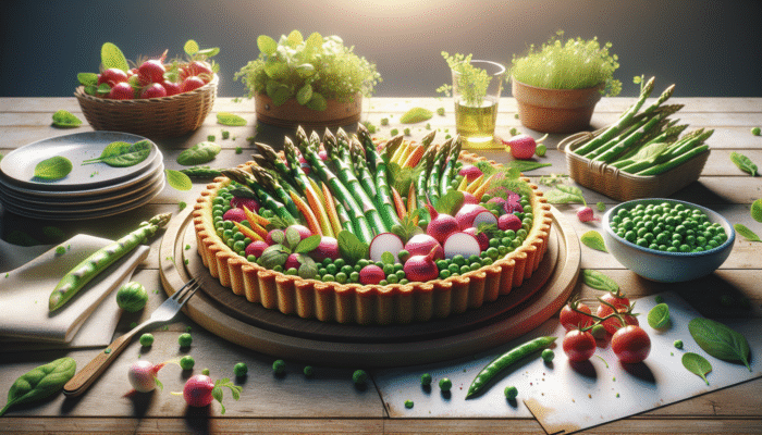 A colourful spring vegetable tart with asparagus, peas, radishes, and baby spinach on a rustic table.