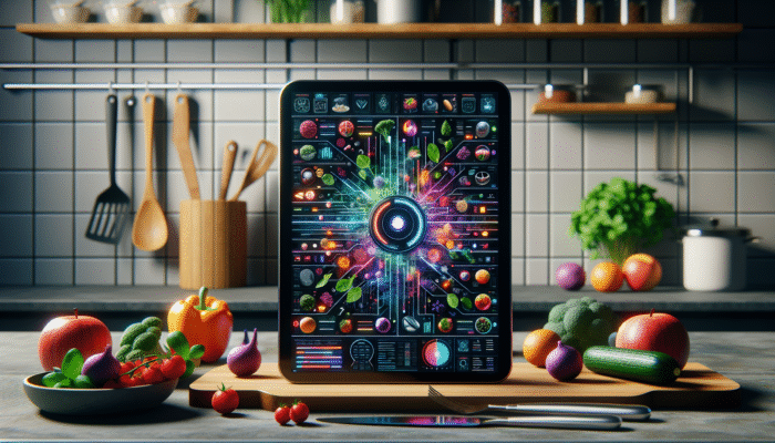A modern kitchen with an AI tablet showing diverse recipes, surrounded by fresh ingredients and utensils.