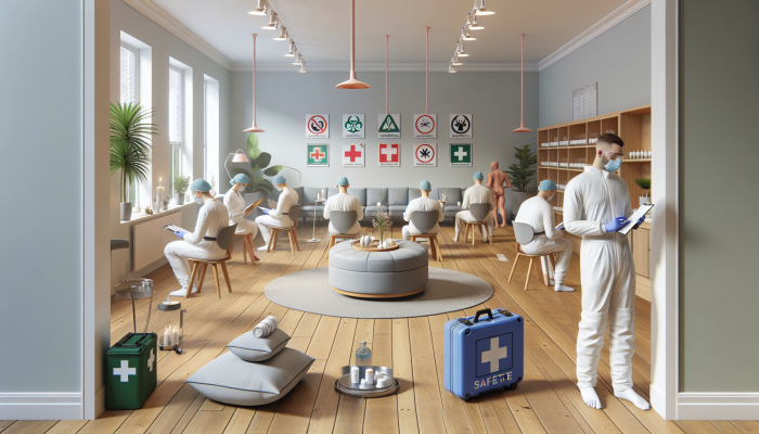 A serene UK acupuncture clinic with practitioners in a safety training session, surrounded by safety posters and conducting a risk assessment.