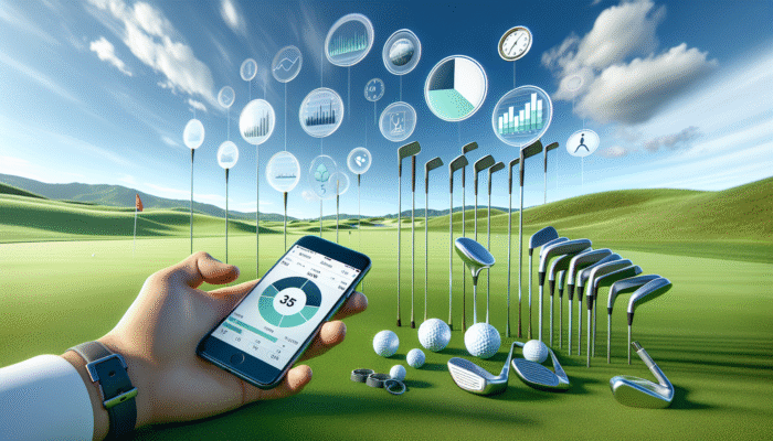Best Golf Apps for Handicap Tracking: Golfer using smartphone app to analyze handicap data, surrounded by golf clubs on a green course.