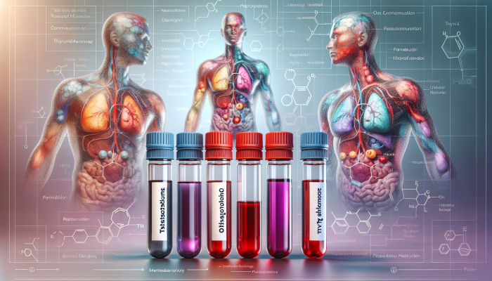 Male Hormone Blood Test in Bicester: Illustration of male hormone blood test vials labeled testosterone, oestrogen, thyroid, with male anatomy diagrams.