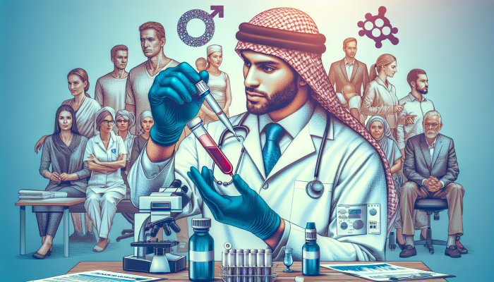 A busy Bicester clinic with clear pricing, diverse patients, and a lab technician analyzing a male hormone blood test.