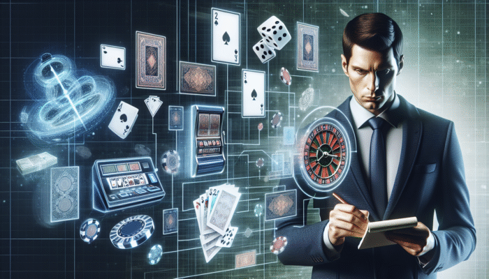 A person analysing casino game odds charts surrounded by gaming items, making well-informed bets.