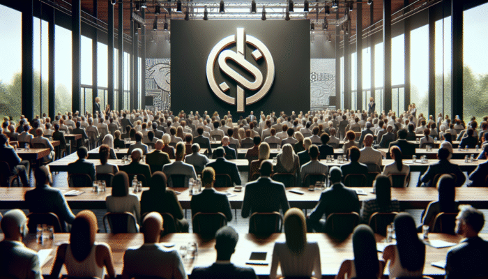 A brand logo at a prestigious event with diverse, engaged attendees, symbolising enhanced credibility through sponsorship.