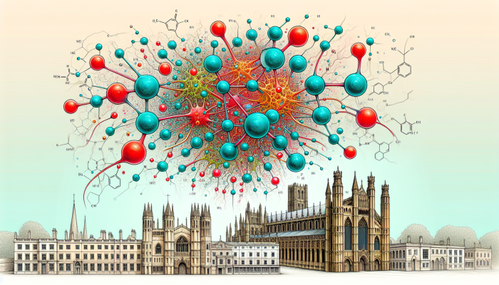 Illustration of Vitamin B12 molecules with nerve cells and red blood cells, Ely cathedral background.