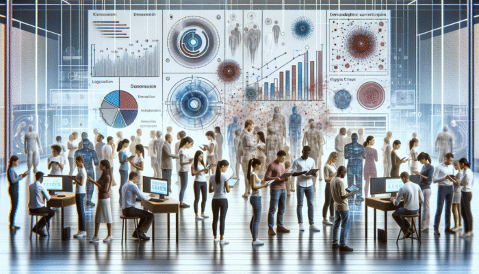 Utilise Local Influencers for Brand Awareness: A diverse group using digital devices amidst floating demographic data and analytics graphs in a modern tech environment.