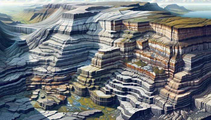 Geological cross-section of the UK highlighting Chalk, Carboniferous Limestone, and Oolitic Limestone with detailed annotations on texture, colour, and fossils.