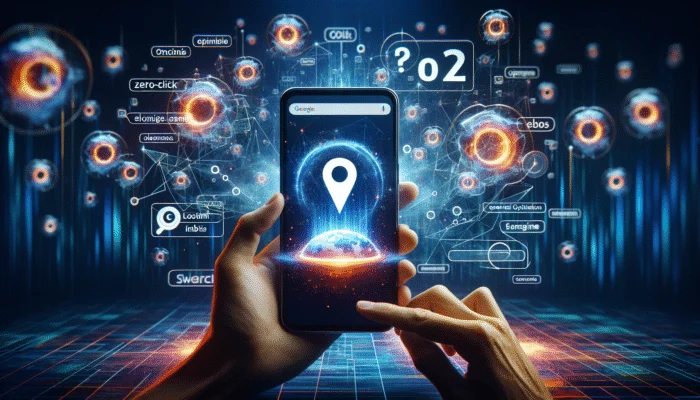Smartphone displaying zero-click search results with optimisation tips icons on a vibrant digital background.