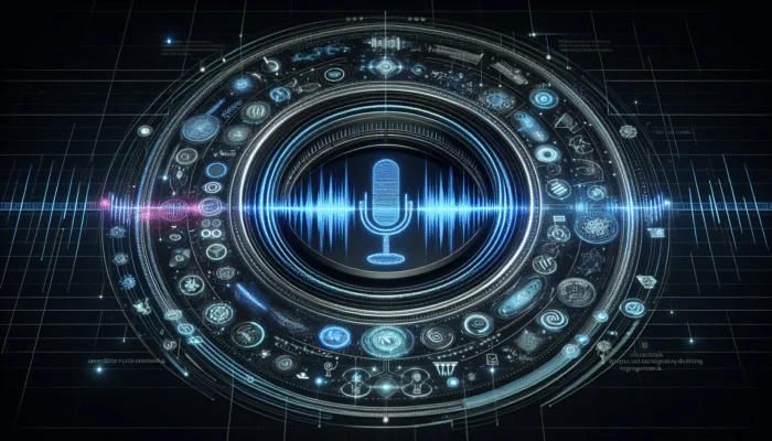 A futuristic voice search interface with glowing audio waves and technology symbols, enhancing user satisfaction.