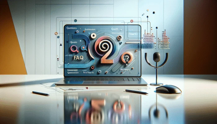 A laptop screen showing a modern FAQ page with a clear question-answer format and headings in a bright office.