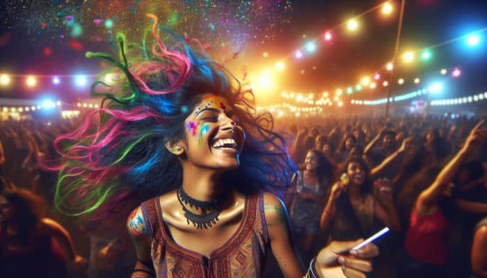 Person with vibrant, multi-coloured hair at a festival, laughing and dancing amidst colorful lights and crowd.