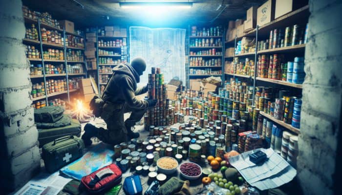 A survivalist organises non-perishable food rations in an underground bunker with emergency supplies.