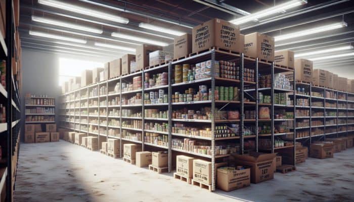 Emergency food rations organised by expiration dates in a clean, well-lit storage area, showing a rotation system.