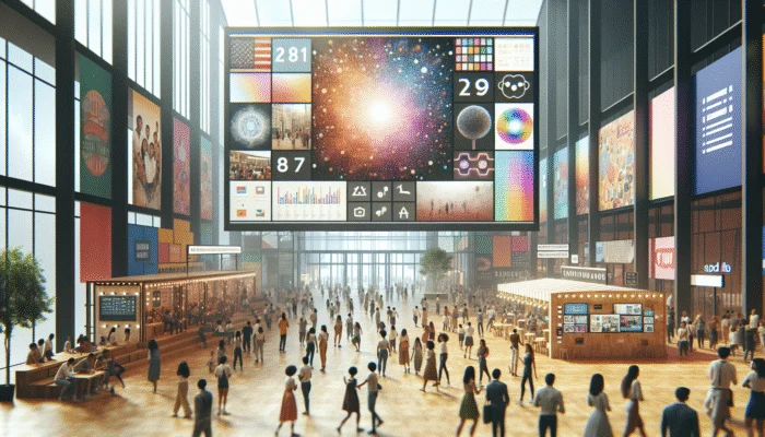 A vibrant community hub with people sharing photos and stories on a digital display, surrounded by interactive booths and brand logos.