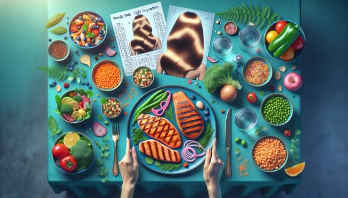 A table with grilled chicken, salmon, lentils, and chickpeas, symbolising protein-rich foods for hair health.