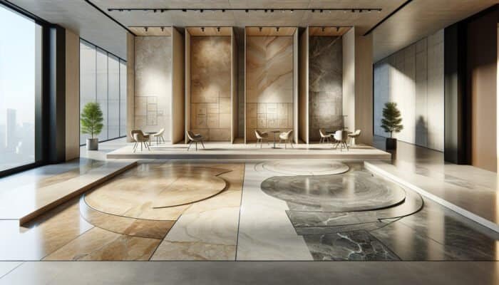 Polishing Tips for Travertine Floors: Three types of travertine flooring: honed, filled, and tumbled, in a modern interior setting.