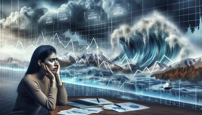 Understanding the pitfalls of debt consolidation: Risks to Consider | DCL Understanding the pitfalls of debt consolidation: A person overwhelmed by a fluctuating graph and a tumultuous economic backdrop, symbolizing financial instability due to variable interest rates.
