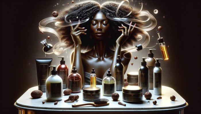Woman applying argan oil to hair ends, surrounded by conditioning treatments on vanity table.