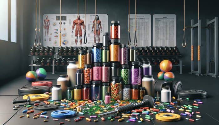Supplements for First-Time Lifters: Colourful supplement bottles and capsules on a gym floor with weights and fitness equipment.