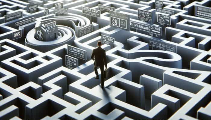 Debt Consolidation Loan Interest Rate Traps: A Guide | DCL A person navigating a maze, symbolising loan landscapes and interest rate options.