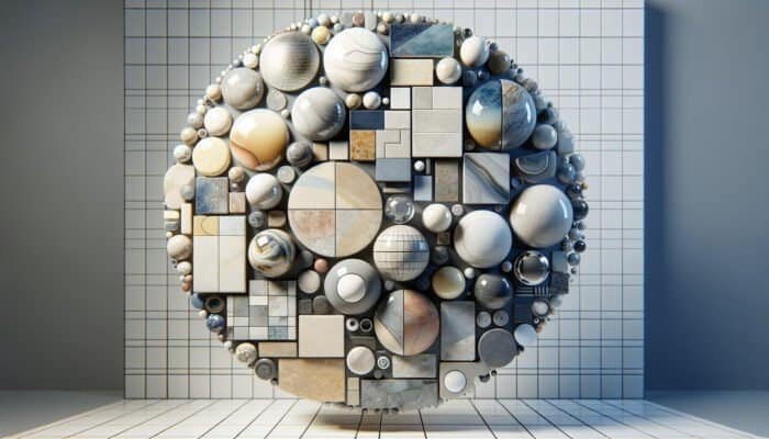 A selection of porcelain tiles: glazed, glossy, and water-resistant; unglazed, with a natural texture; polished, smooth and reflective, in a busy area.