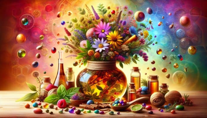 Vibrant herbs infusing in sweet glycerin, forming a child-friendly herbal extract, with symbols of nature and wellness.
