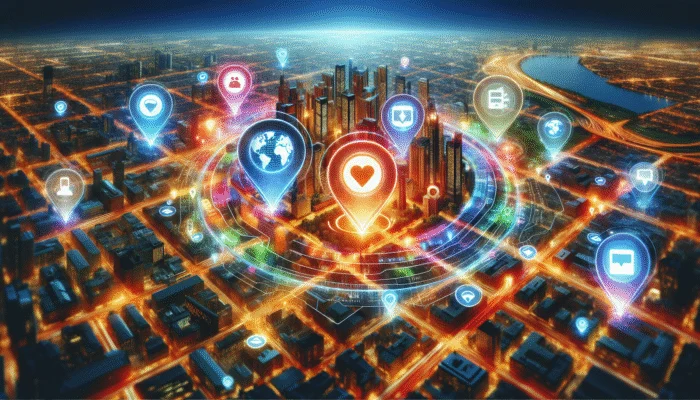 Optimise for Local Map Pack Rankings: A vibrant digital map highlighting business locations with high visibility and targeted traffic in a bustling cityscape.