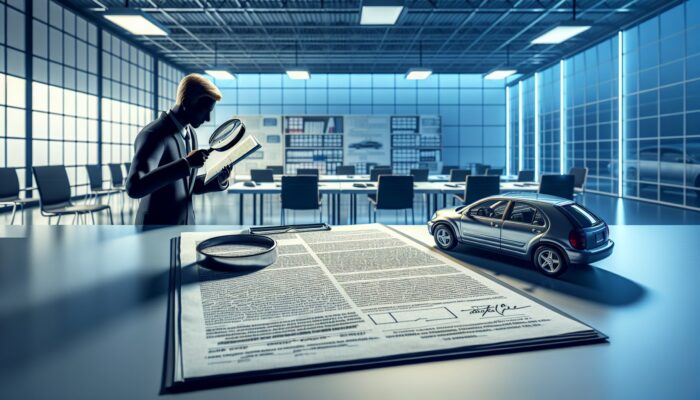 A person in an office using a magnifying glass to examine a rental contract, focusing on vehicle condition, fuel policy, and fees.