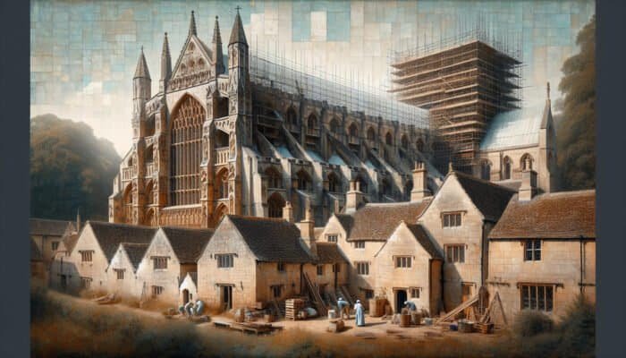 Detailed view of Westminster Abbey and Cotswold cottages, showcasing textured limestone façades and restorers at work.