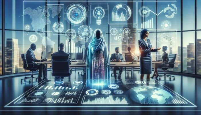 Futuristic dashboard illustrating graphs and analytics, team analysing customer data in a modern office environment.