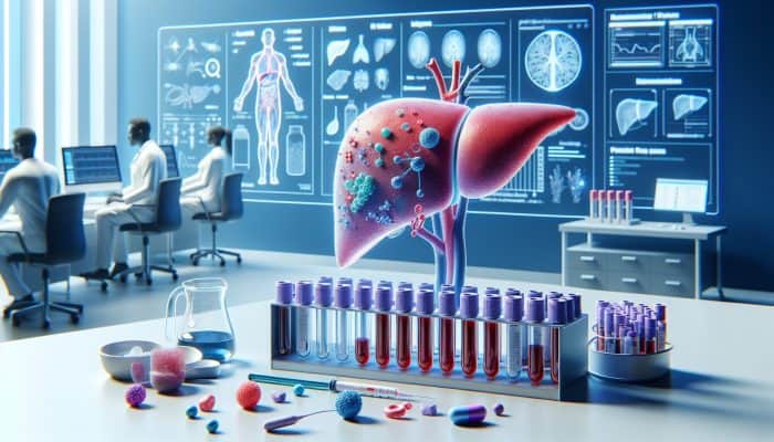 Liver Blood Test in Dundee: Illustration of a liver blood test analyzing enzymes, proteins, and biochemicals in a Dundee clinic.