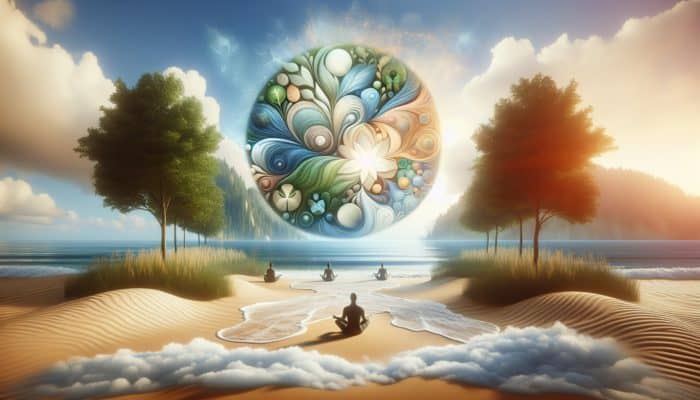 Emotional Survival Skills: A serene mind map with stress triggers and coping strategies, surrounded by calming nature elements.