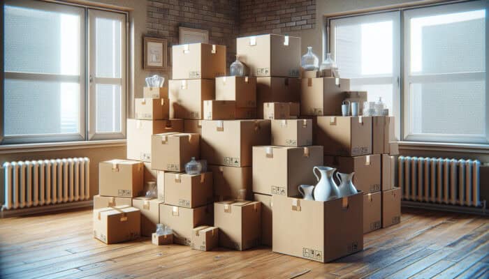 Sturdy double-walled cardboard boxes with glassware and porcelain, ready for packing and moving.