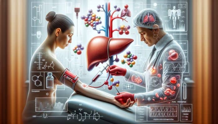 Illustration of liver blood test process in Hinckley, showing blood draw and liver functions.