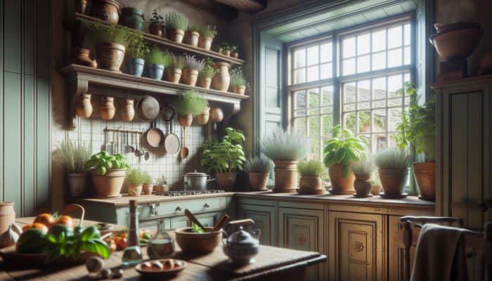 A UK kitchen adorned with potted basil, rosemary, and thyme on a windowsill, enhancing family meals.