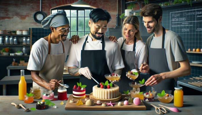Chefs creating colourful jellies, panna cottas, and gummies with vegan gelatin in a vibrant kitchen.