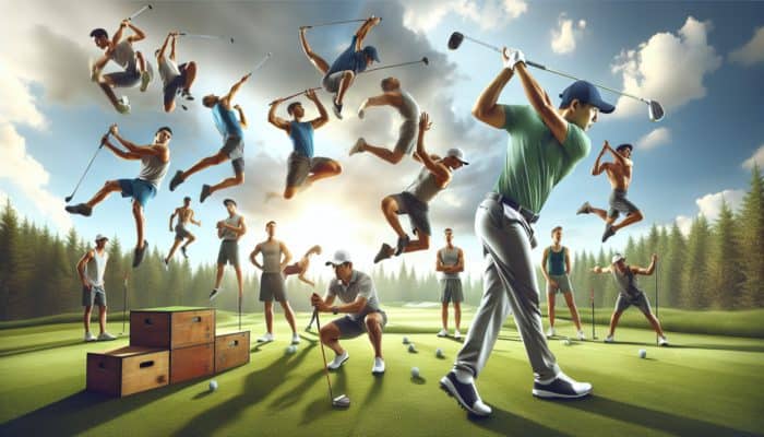 Golfer mid-swing on green course, engaged in dynamic plyometric drills to enhance muscle power and speed.