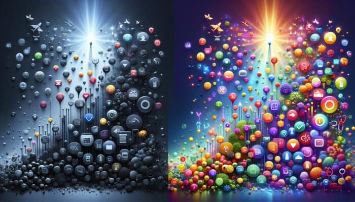 Visual representation of SEO's impact: a subdued underperforming product page with low traffic icons compared to a lively one with rising graphs and sales symbols.