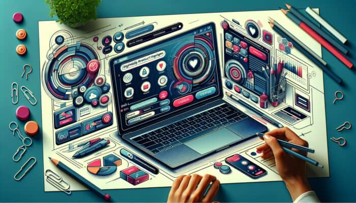 A dynamic digital illustration of a contemporary e-commerce page on a laptop, featuring intuitive navigation, user-friendly buttons, and engaged users browsing.