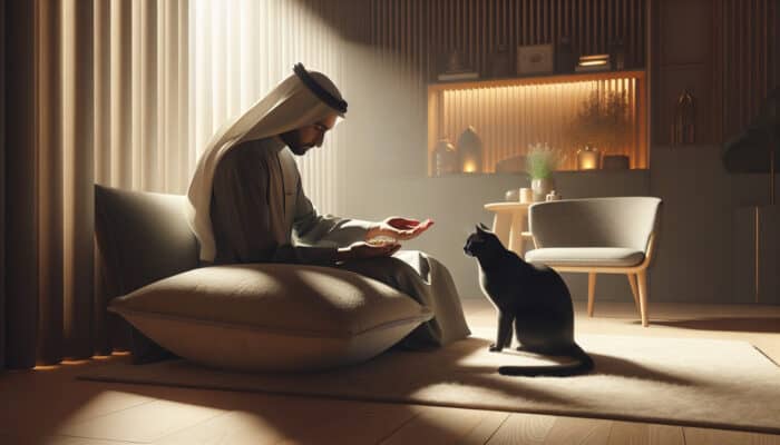 Bombay Cat Bonding Techniques: A person gently pets a sleek black Bombay cat on a soft cushion, offering a treat and speaking softly in a warm, cozy living room.