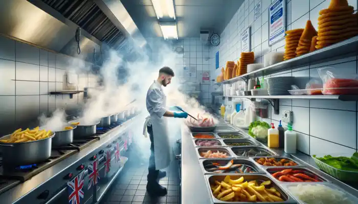 Choosing Glove Material for Different Food Types: A chef in a white uniform handles fresh seafood with nitrile gloves in a bustling British kitchen, surrounded by steaming pots and hygiene posters.