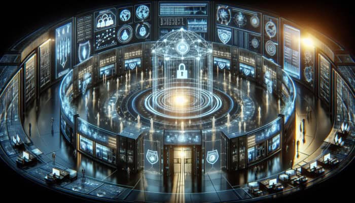 High-tech data security fortress with glowing encryption shields, virtual sentinels at access gates, and analysts monitoring holographic screens.