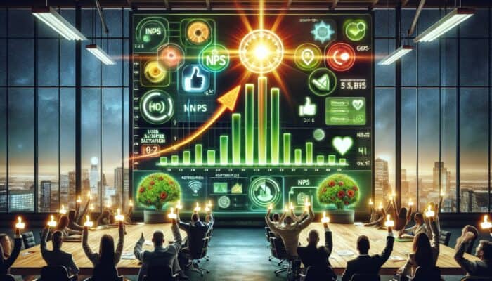 A dynamic digital dashboard shows rising graphs for user satisfaction and retention, a green NPS meter, and users giving thumbs-up in a modern office.