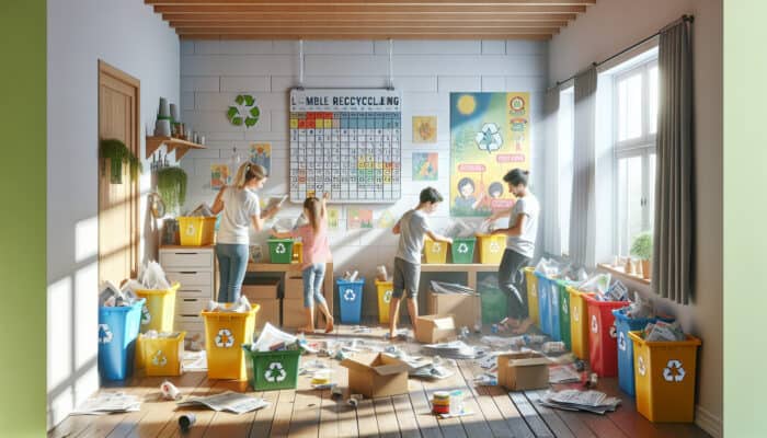 A family sorts newspapers and boxes into colorful recycling bins, checking a calendar for collection day amid sunlight and eco posters.