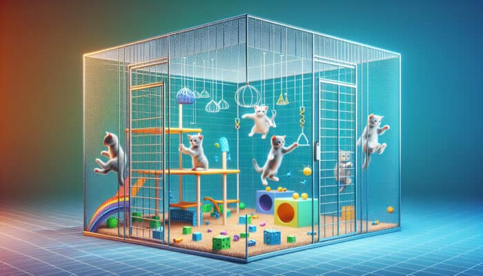 Playpen Ideas for Young Cats: Young cats playing safely in a secure playpen with robust mesh walls, non-toxic materials, and colorful toys in a bright environment.