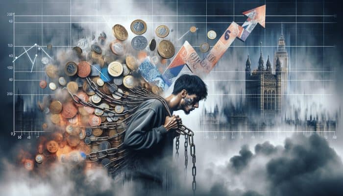 A stressed person entangled in chains of oversized coins and notes on a foggy London street, with a rising graph symbolizing debt risks.