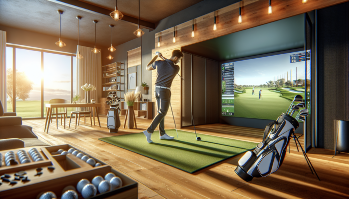 A dedicated golfer practices on a high-tech indoor simulator in a modern South African home, surrounded by reliable equipment under warm lighting.