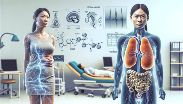 When Should You Test Cortisol: Adrenal glands releasing cortisol in the human body, symbolizing stress, metabolism, and immunity; diverse patient in London clinic showing fatigue and weight changes under NHS monitoring.