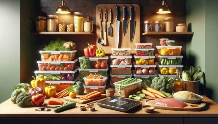 A vibrant kitchen counter with neatly arranged fresh vegetables, lean proteins, whole grains, containers, knives, and scales under warm lighting.