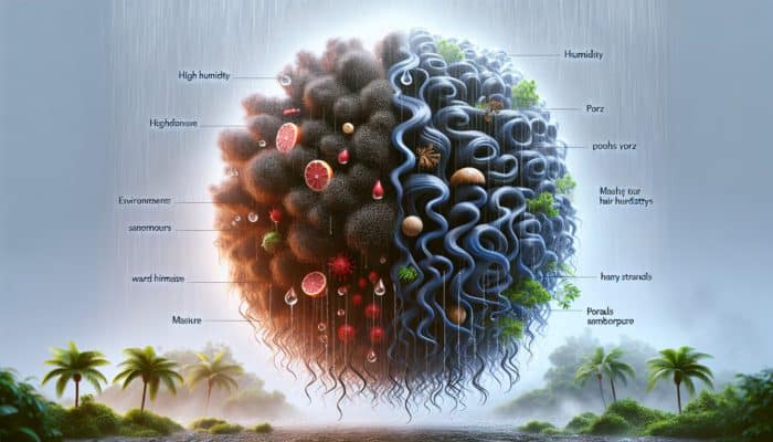 Refining Frizz Control Techniques: Close-up of vibrant curly hair frizzing in humidity, with lifted cuticles and porous strands in a misty tropical backdrop.